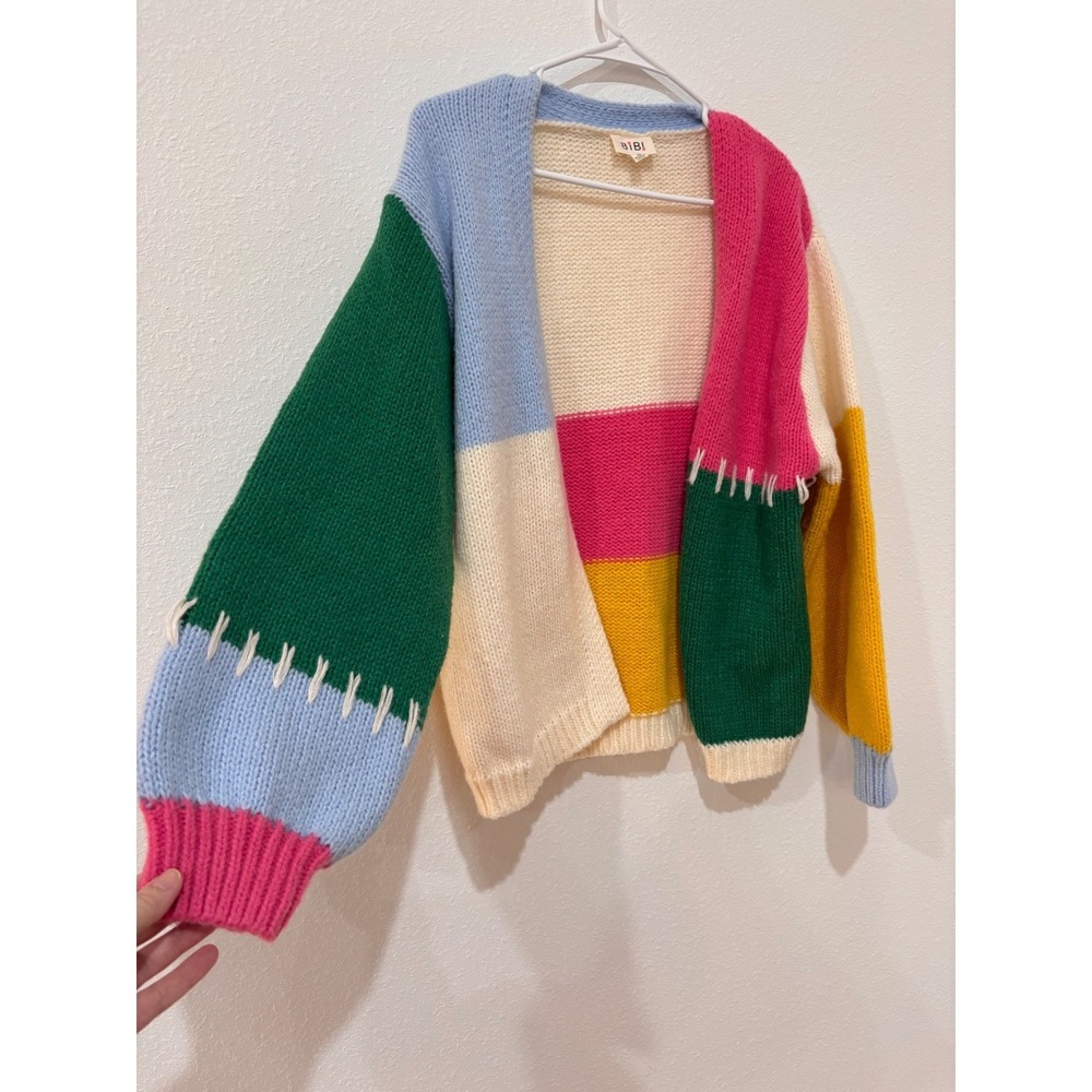 BiBi Kidcore Cardigan M Colorblock Patchwork Knit Dopamine Dressing Boho Sweater - Picture 3 of 14